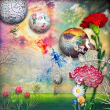 Picture of Green field with tulips and carnations flowers
