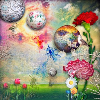 Picture of Green field with tulips and carnations flowers