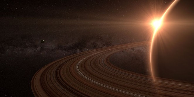 Planet saturn with rings at sunrise on the space background  photowallpaper Scandiwall