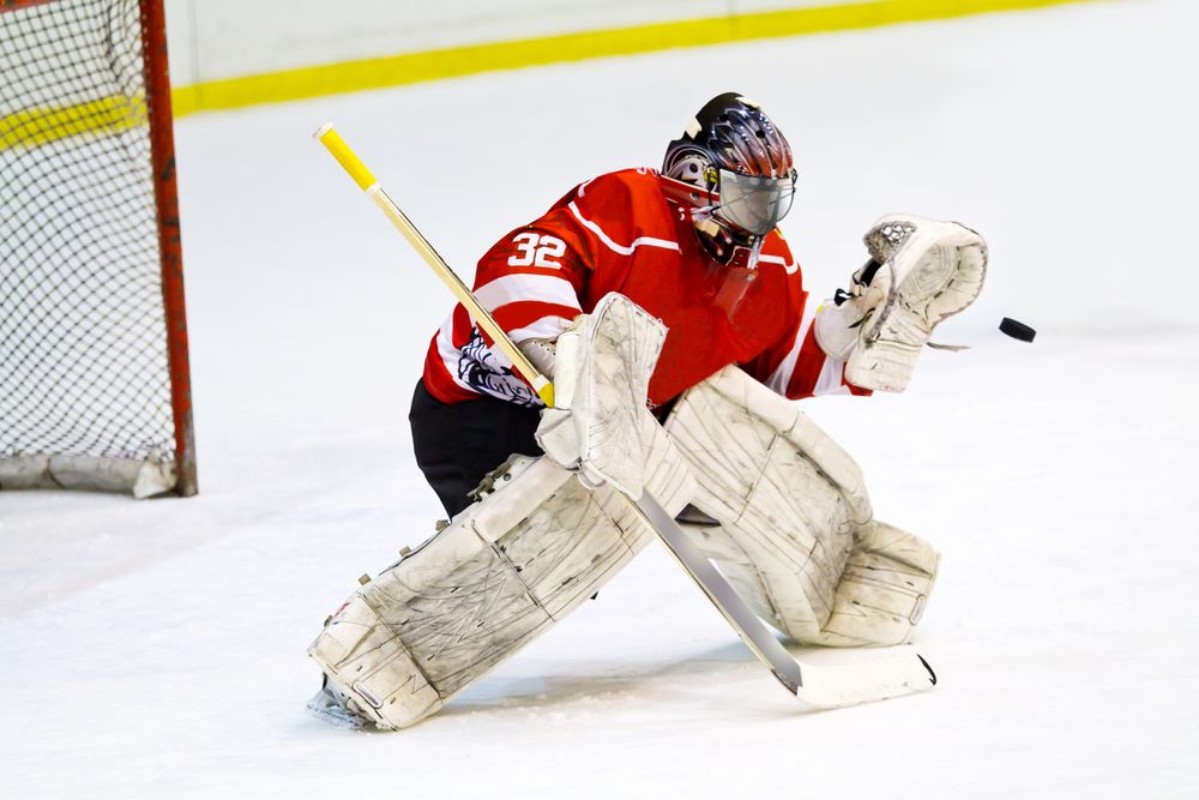 Image de Hockey goalie in generic red equipment protects gate