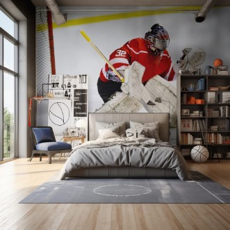 Afbeeldingen van Hockey goalie in generic red equipment protects gate