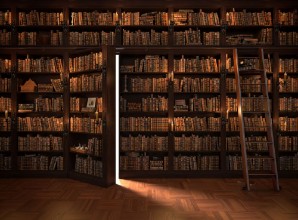 Picture of Secret door in the bookcase Mysterious library with candle lighting With vintage stuff