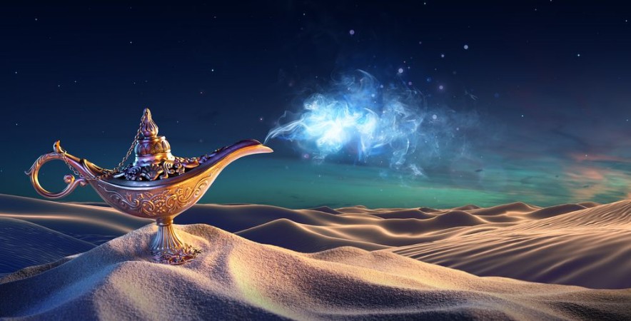 Picture of Lamp of Wishes In The Desert - Genie Coming Out Of The Bottle