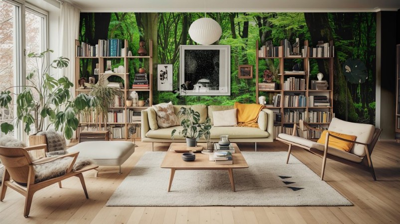 Picture of Walkway in a green spring forest Veluwe the Netherlands Panoramic scenery Mighty deciduous trees oak beech maple tree logs carpet of golden leaves Nature seasons ecology ecotourism