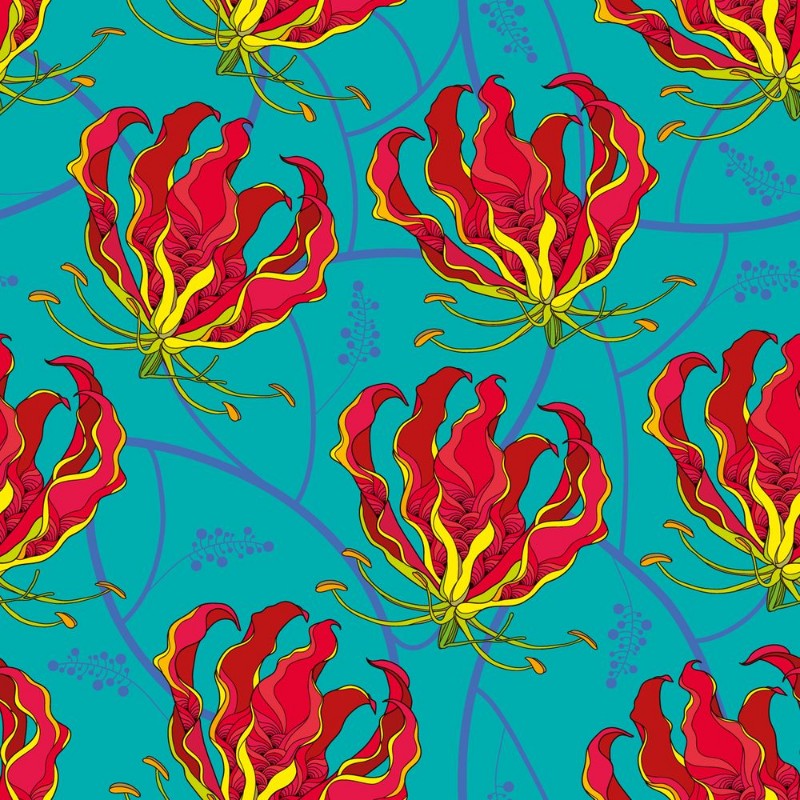 Afbeeldingen van Seamless pattern with Gloriosa superba or flame lily tropical flower on the green background Poisonous plant  National flower of Zimbabwe Floral background in contour style