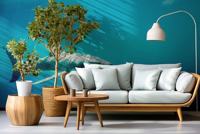 Picture of Great white shark swimming in the blue Pacific Ocean  at Guadalupe Island in Mexico under sun rays