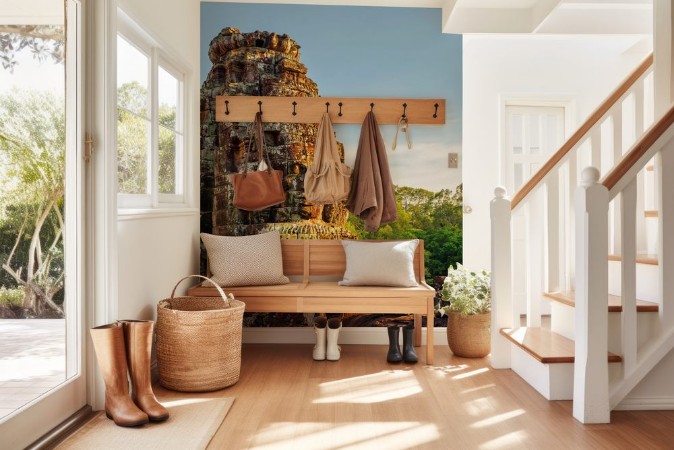 Afbeeldingen van Enigmatic giant stone faces of Bayon temple in evening sun