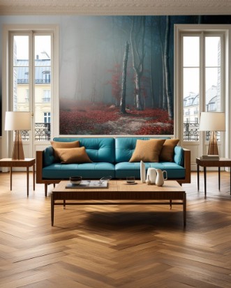 Picture of Light through the trees in foggy forest