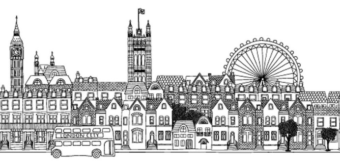 Seamless banner of Londons skyline hand drawn black and white illustration photowallpaper Scandiwall