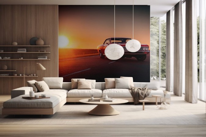 Afbeeldingen van Retro red car standing on asphalt road at sunset