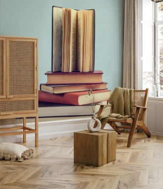 Picture of Libros sobre una mesa de madera y un fondo celeste Vista de frente Copy space