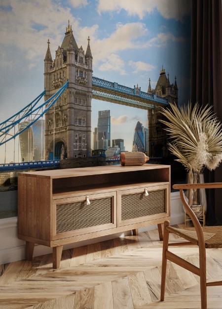 Bild på Tower Bridge in London during sunset with Londons financial district at the background