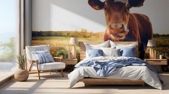 Afbeeldingen van Einzelne Kuh auf Butterblumenwiese in der Abendsonne