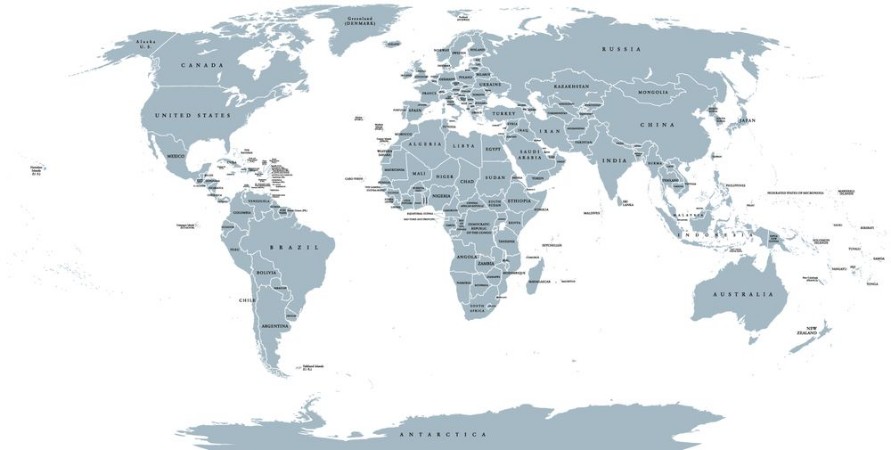 World political map Detailed map of the world with shorelines national borders and country names Robinson projection english labeling grey illustration on white background photowallpaper Scandiwall