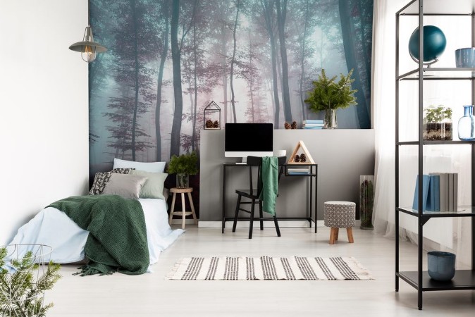 Picture of Magic violet red colored foggy forest tree landscape Violet red color tone filter effect used