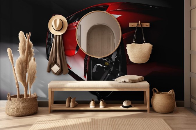 Picture of Red fast sports car in spotlight black background Shiny new luxurious