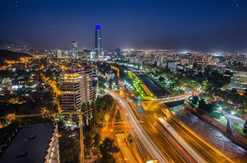 Picture of Night view of Santiago de Chile toward the east part of the city showing the Mapocho river and Providencia and Las Condes districts