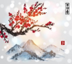 Image de Mountain range in fog hand drawn with ink on white background Contains hieroglyphs - peace tranquility clarity happiness great blessing Traditional oriental ink painting sumi-e u-sin go-hua