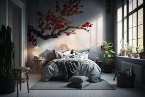 Picture of Mountain range in fog hand drawn with ink on white background Contains hieroglyphs - peace tranquility clarity happiness great blessing Traditional oriental ink painting sumi-e u-sin go-hua