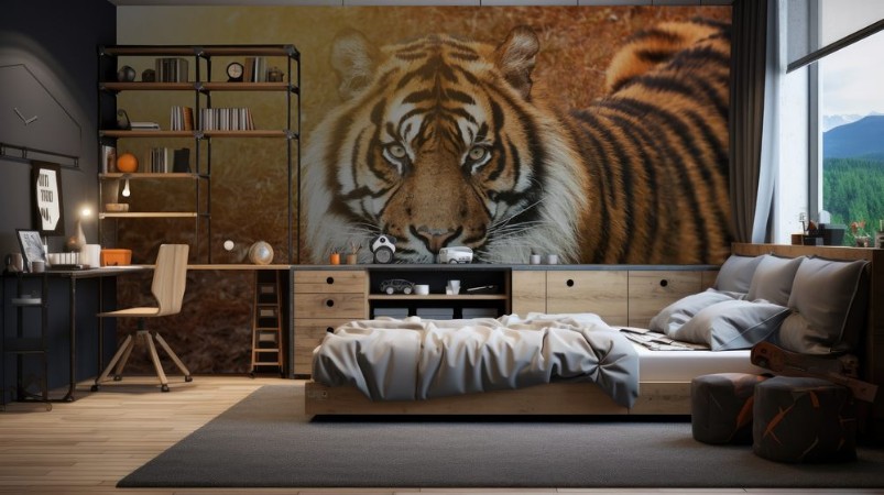 Afbeeldingen van Tiger mnnchen bei Sonnenuntergang von nah im Portrait mit intensiven Augen