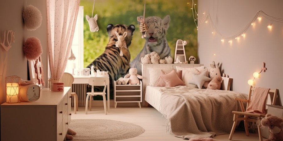 Kép Two adorable tiger cubs sitting together outdoors