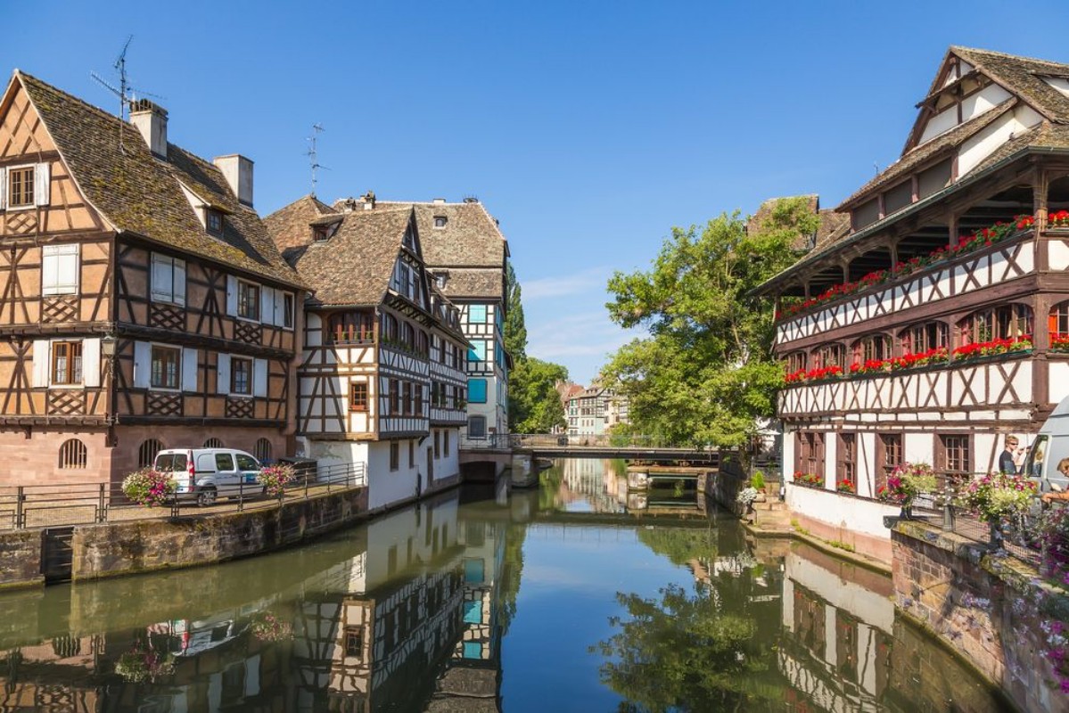 Picture of Strasbourg France The picturesque landscape with reflection in the water of old buildings in the quarter Petite France