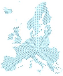 Picture of Europe map radial dot pattern Blue dots going from the center outwards and form the silhouette of the European Union area Illustration on white background