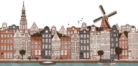 Picture of Amsterdam Netherlands - seamless banner of Amsterdams skyline hand drawn and digitally colored ink illustration