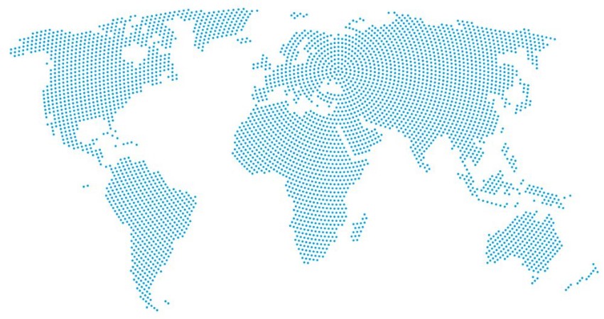 Picture of World map radial dot pattern Blue dots going from the center outwards and form the silhouette of the surface of the Earth under the Robinson projection llustration on white background