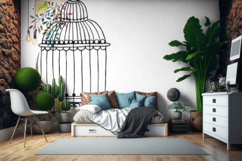 Image de Watercolor card with bird cage and flowers