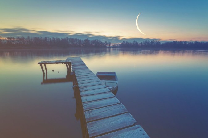 Picture of Marina on the lake boats moored to a wooden pier retro colors