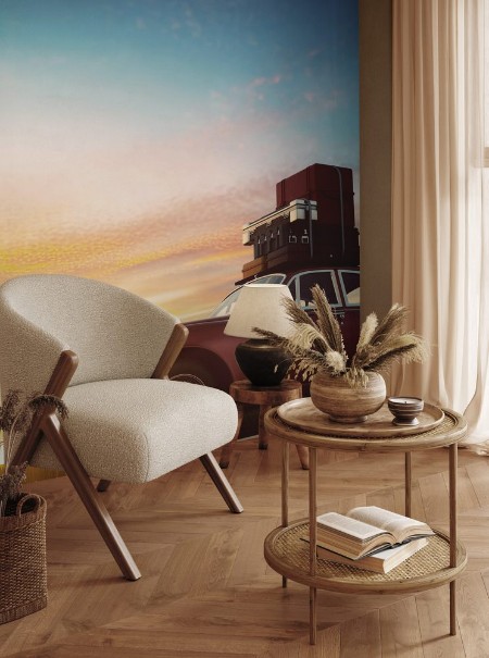 Afbeeldingen van Retro red car with luggage on roof rack at sunset Travel vacation concepts