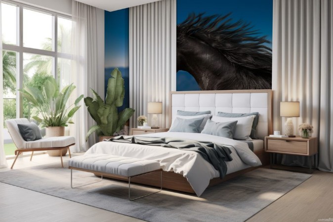 Image de Black Horse portrait runs on the mountains and blue sky background