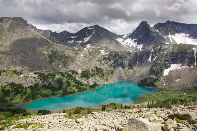 Picture of Highland Lake surrounded by cliffs Altai Siberia