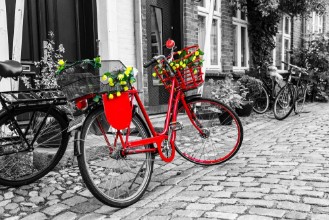 Picture of Retro vintage red bicycle on cobblestone street in the old town