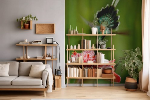 Afbeeldingen van Beautiful hummingbird acrobatic fly with pink flower Hummingbird Green Hermit Phaethornis guy flying next to beautiful red flower with green forest background Wildlife scene from tropic forest