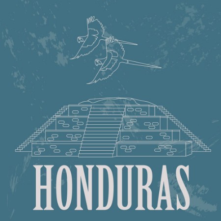 Picture of Honduras landmarks Copan Ruinas ara parrot Retro styled image