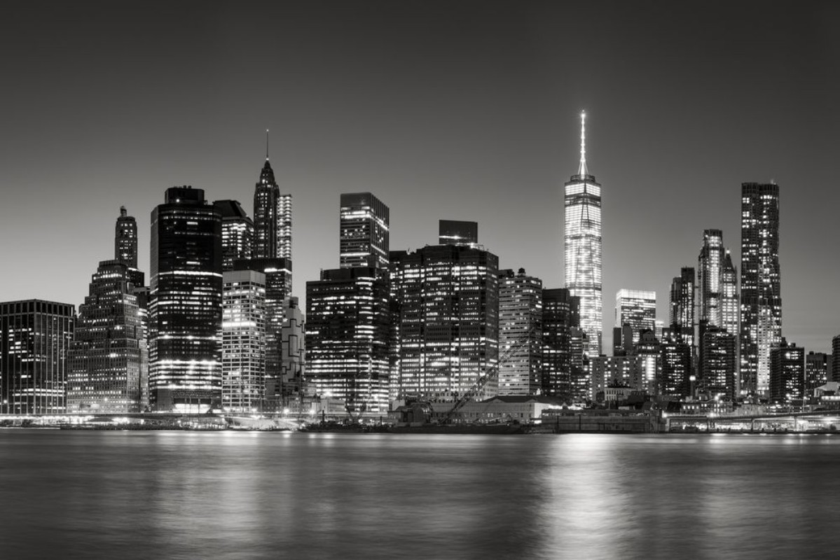 Picture of Black  White East River view of Financial District skyscrapers at dusk Lower Manhattan skyline New York City