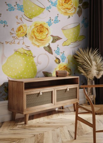 Afbeeldingen van Seamless teapots cups and flowers