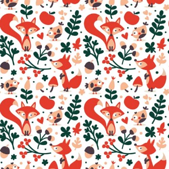 Afbeeldingen van Seamless cute autumn pattern made with fox bird flower plant leaf berry heart friend floral nature acorn Rowan mushroom