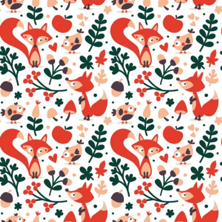 Seamless cute autumn pattern made with fox bird flower plant leaf berry heart friend floral nature acorn Rowan mushroom photowallpaper Scandiwall