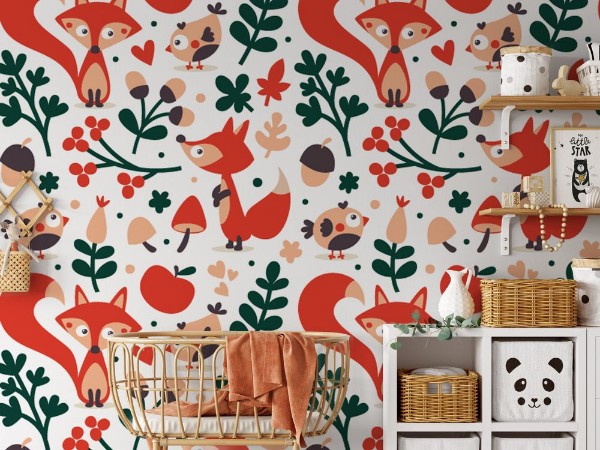 Afbeeldingen van Seamless cute autumn pattern made with fox bird flower plant leaf berry heart friend floral nature acorn Rowan mushroom