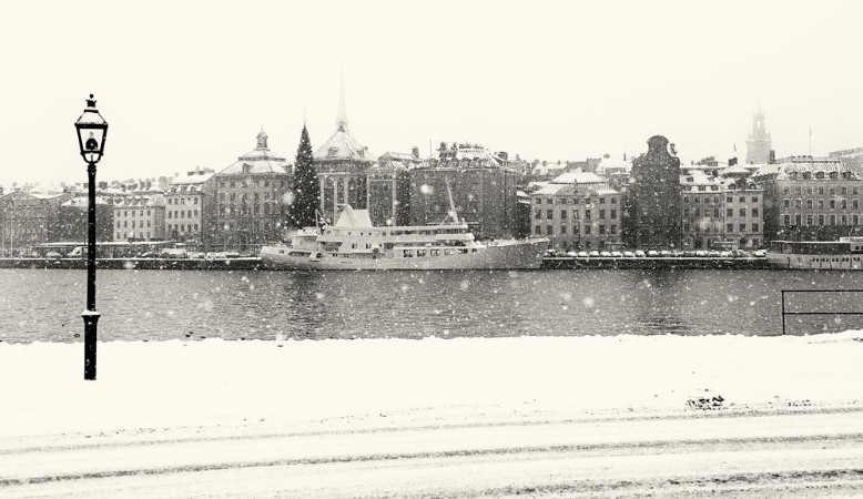 Picture of Stockholm city on a snowy winter day Black and white image
