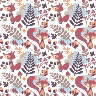 Picture of Seamless cute autumn pattern made with fox bird flower plant leaf berry heart friend floral nature acorn Rowan mushroom wild