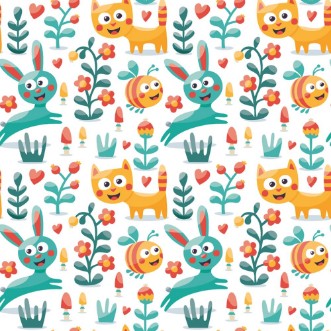 Bild på Seamless cute animal pattern made with cat hare rabbit bee flower plant leaf berry heart friend floral kitten