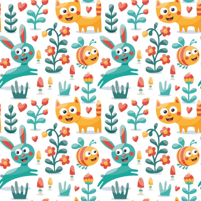 Afbeeldingen van Seamless cute animal pattern made with cat hare rabbit bee flower plant leaf berry heart friend floral kitten