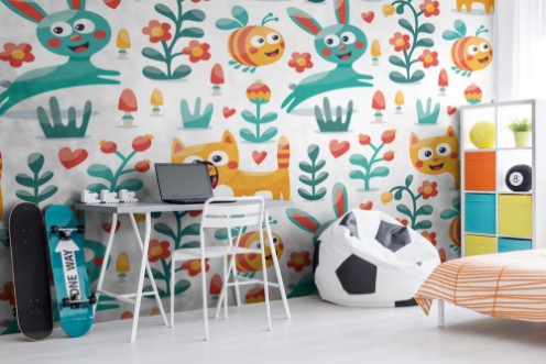 Bild på Seamless cute animal pattern made with cat hare rabbit bee flower plant leaf berry heart friend floral kitten