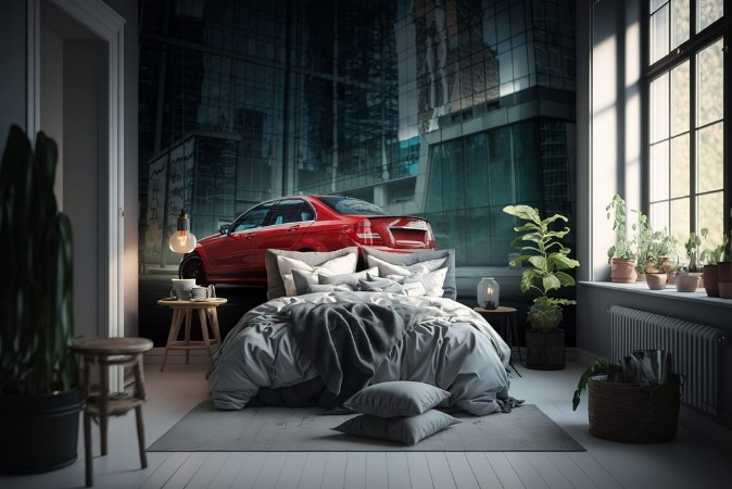 Afbeeldingen van Red car stay on asphalt road in the city at daytime