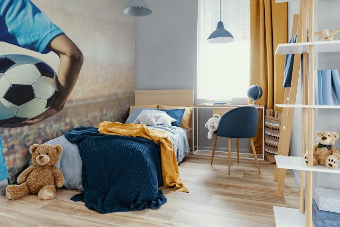 Afbeeldingen van Soccer football player in blue team concept holding soccer ball