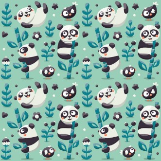Image de Seamless cute pattern with Panda and bamboo plants jungle bird berry flowers